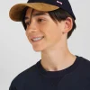 Bicolour navy blue and camel wool blend cap
