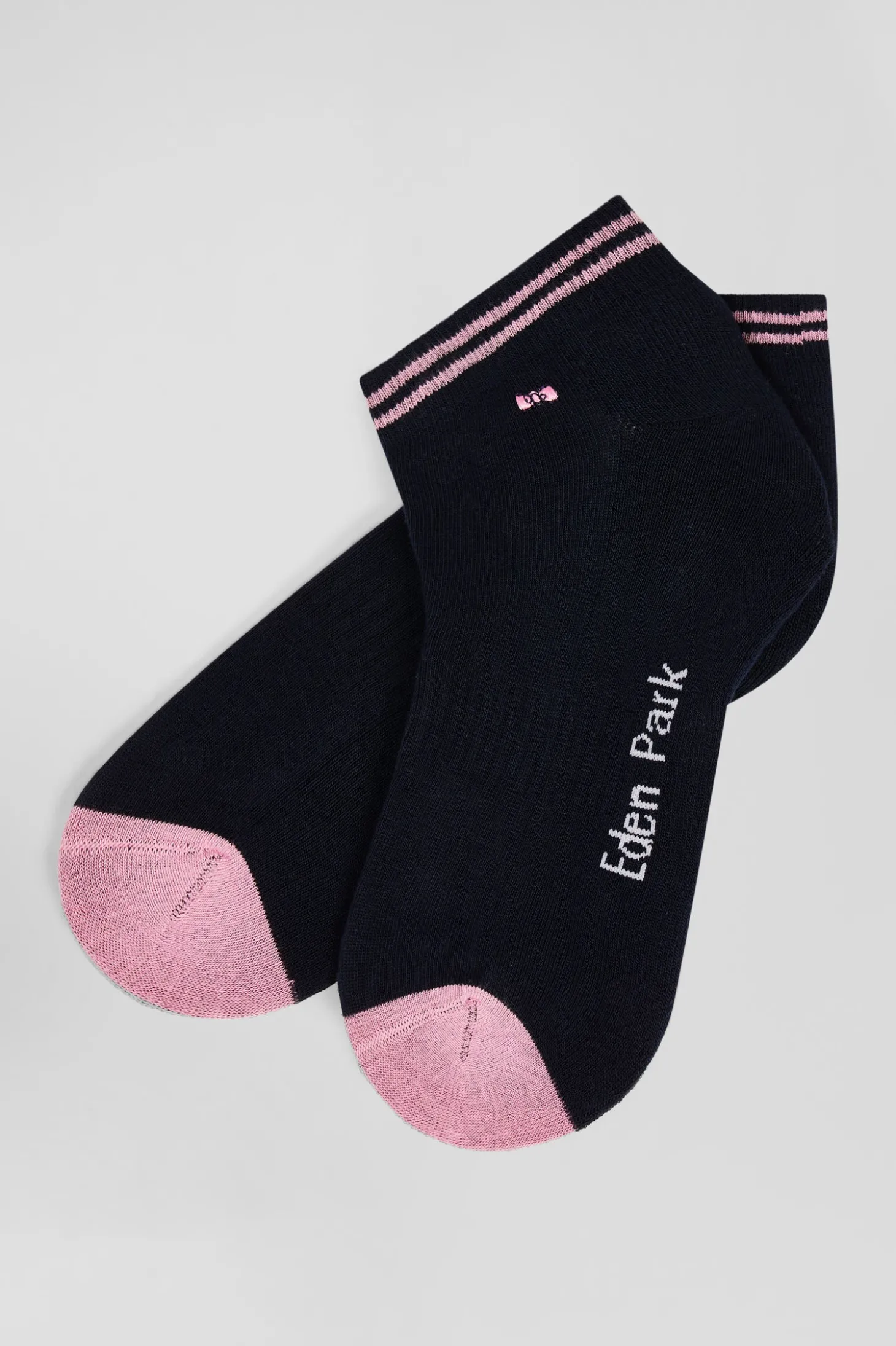 Bicolour navy blue cotton ankle socks with striped edges