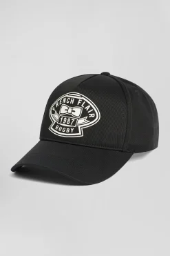 Black cotton cap with ivory embroidery