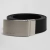 Black leather belt set with two metal buckles