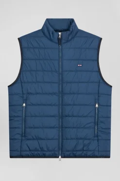 Blue quilted sleeveless high collar down vest
