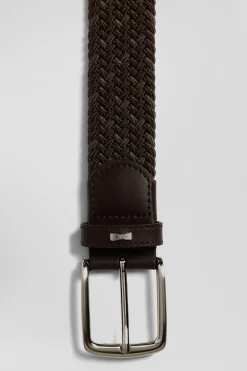 Brown braided belt with silver metal buckle