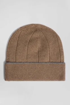 Brown cotton and cashmere beanie with contrasting trim