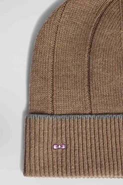 Brown cotton and cashmere beanie with contrasting trim
