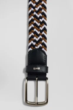 Brown rubber stretch braided belt with silver metal buckle