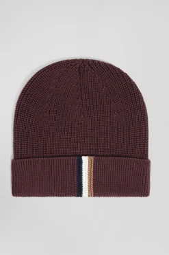 Burgundy knitted cotton beanie with tricolour details