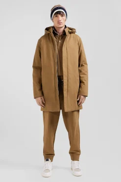 Camel gabardine cotton hooded parka