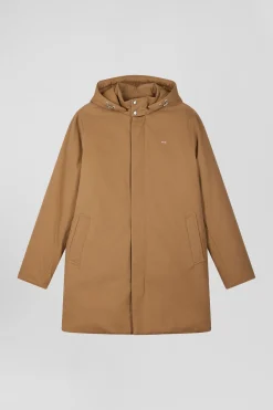 Camel gabardine cotton hooded parka
