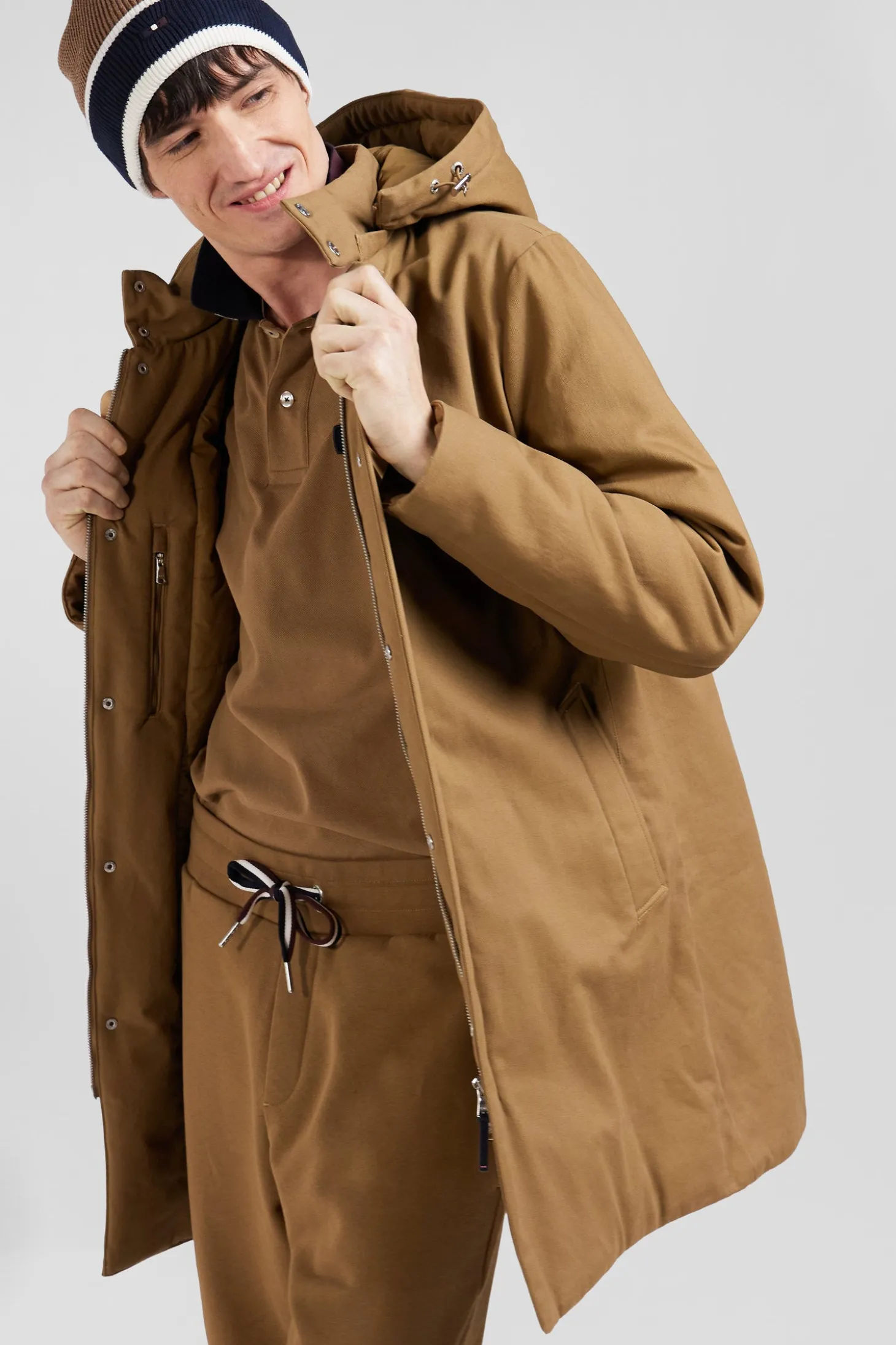 Camel gabardine cotton hooded parka
