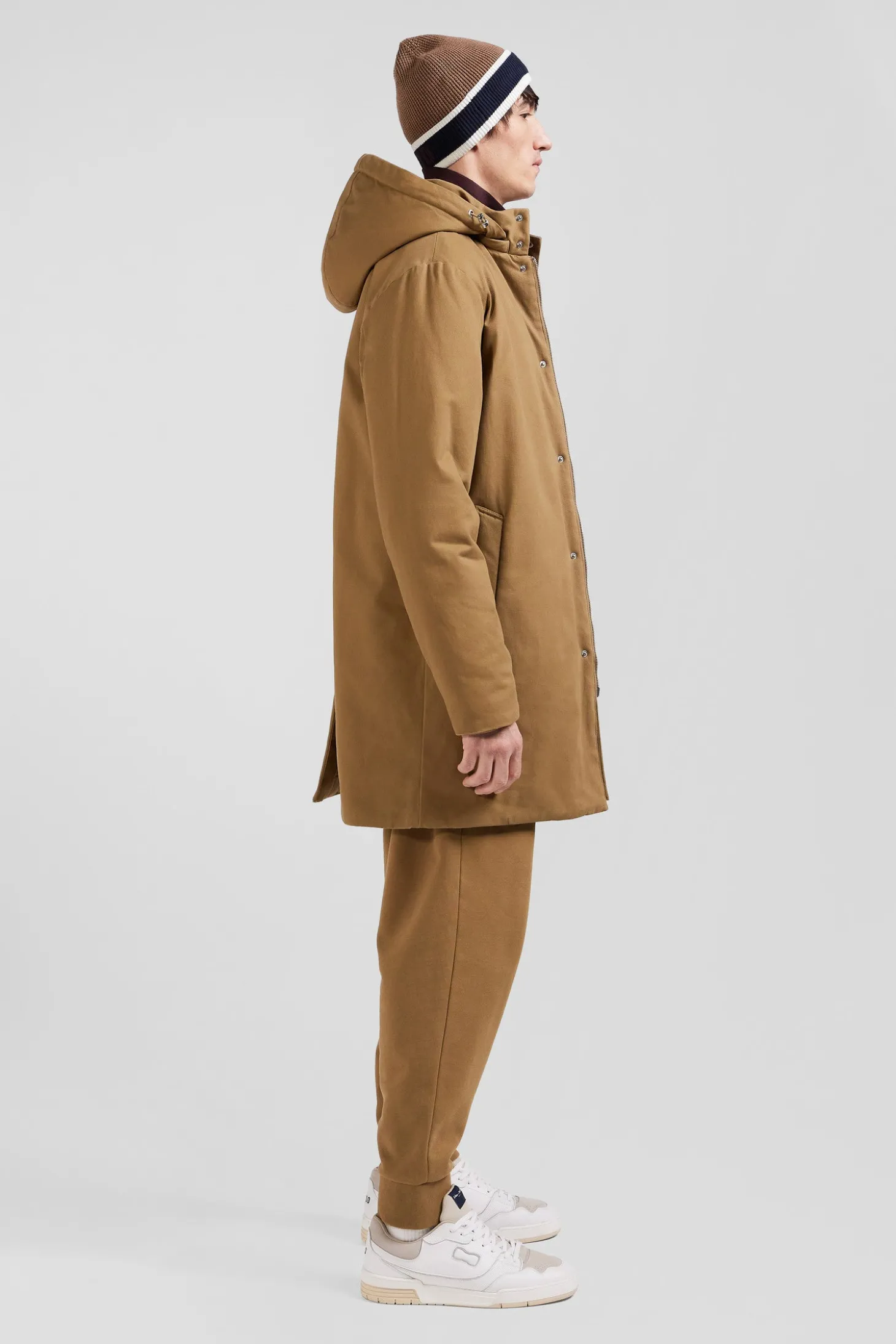 Camel gabardine cotton hooded parka