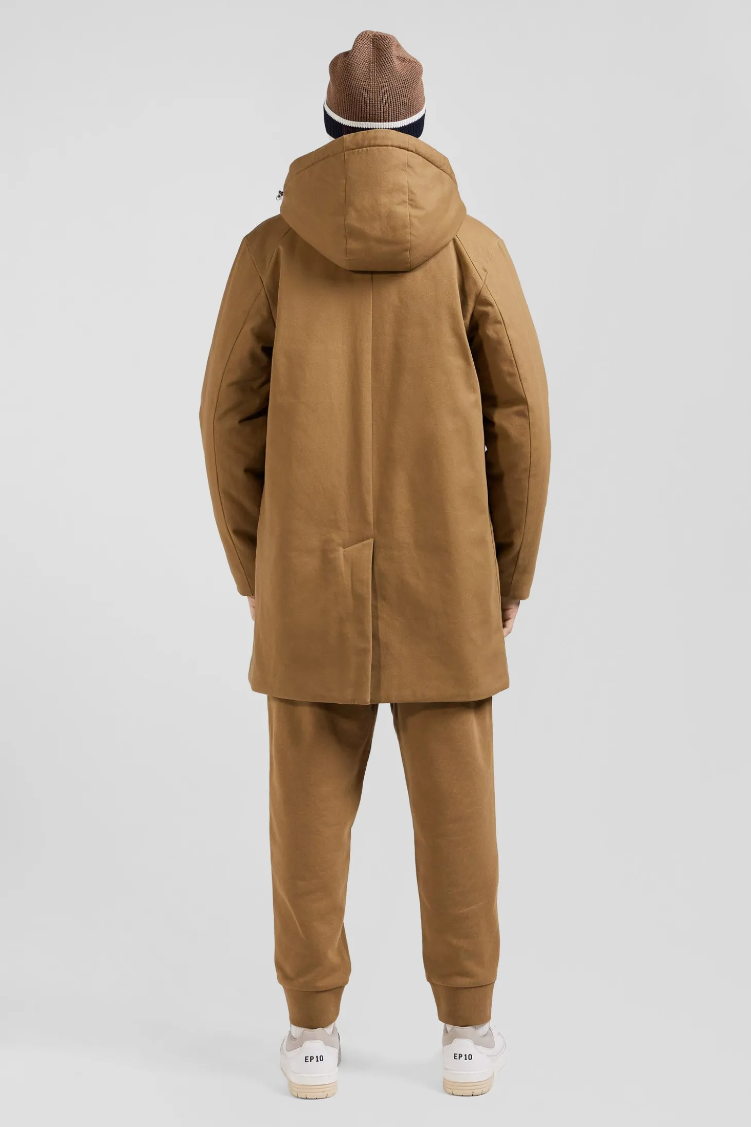 Camel gabardine cotton hooded parka