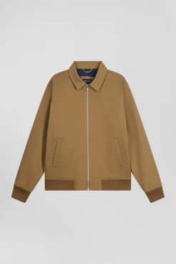 Camel gabardine cotton zip-up jacket with shirt collar