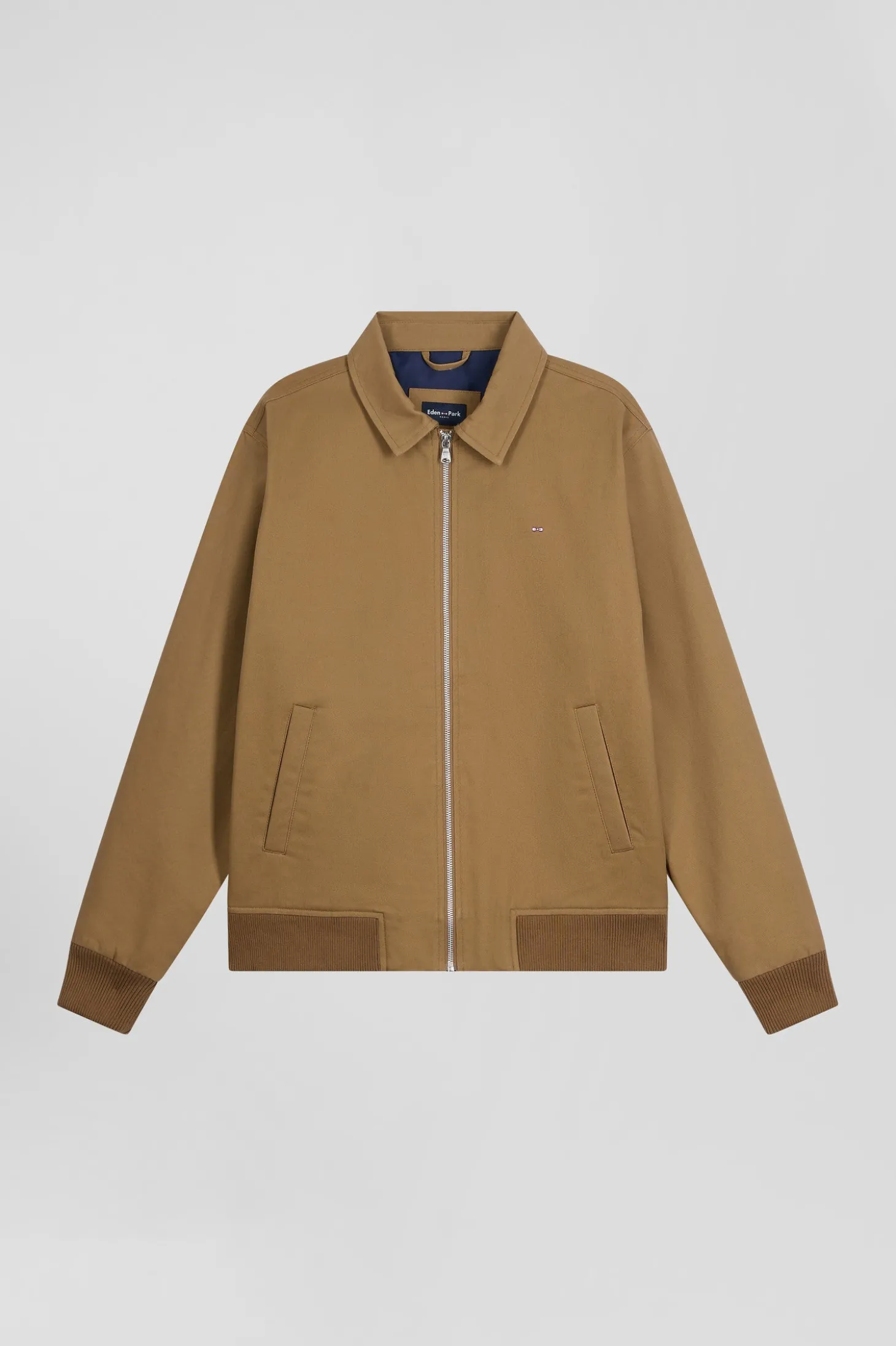 Camel gabardine cotton zip-up jacket with shirt collar