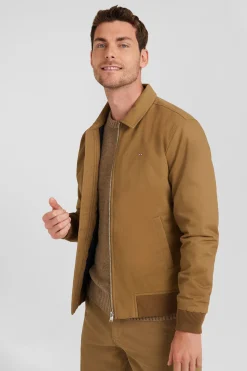 Camel gabardine cotton zip-up jacket with shirt collar