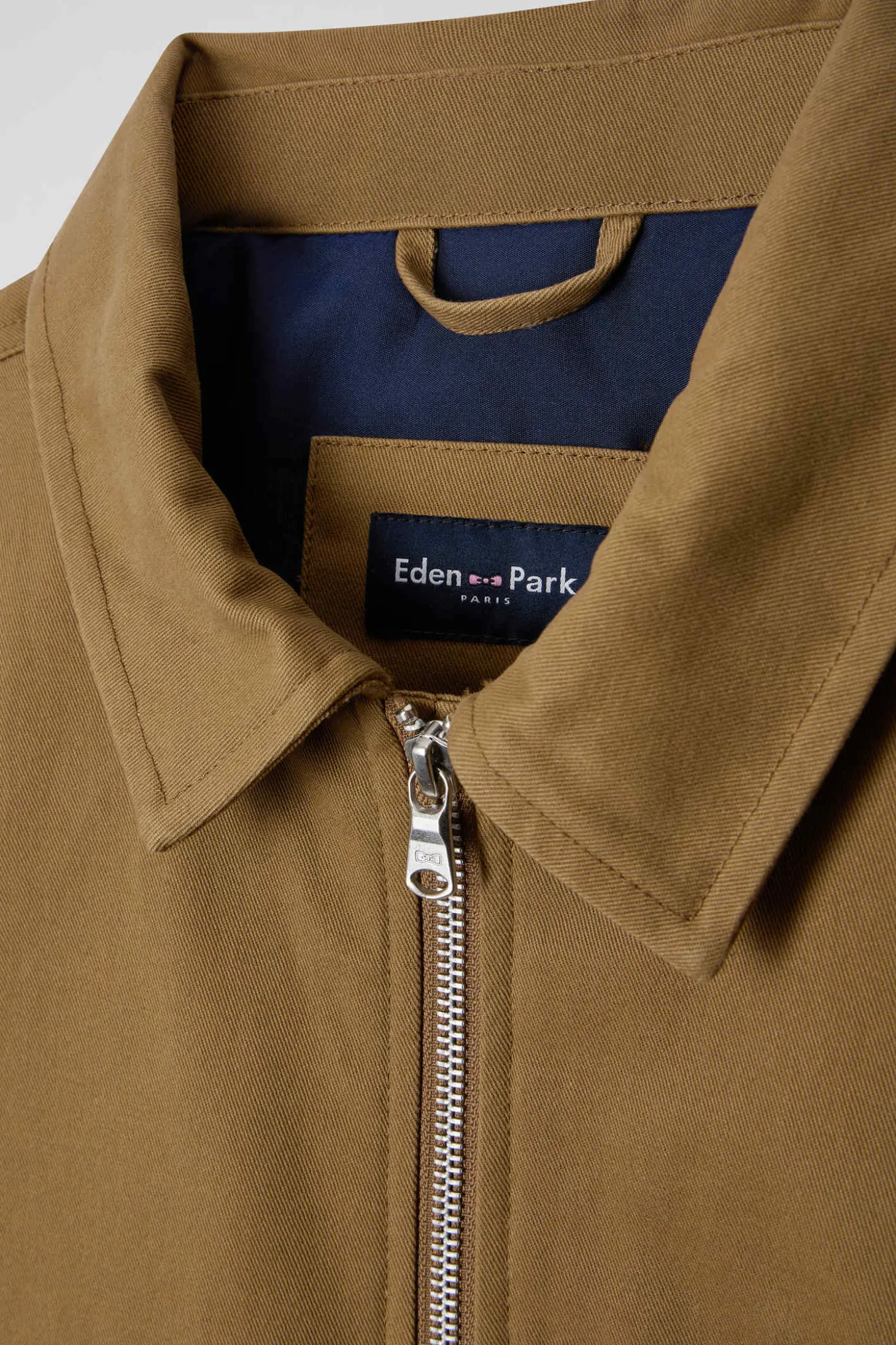 Camel gabardine cotton zip-up jacket with shirt collar