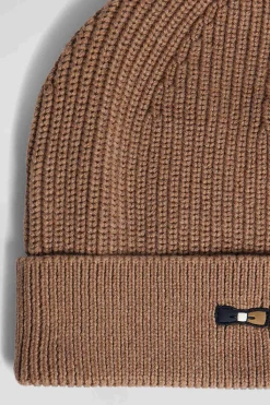 Camel knitted cotton beanie with tricolour details