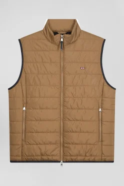 Camel quilted sleeveless high collar down vest