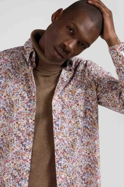 Chemise en coton à microimprimé beige coupe Regular