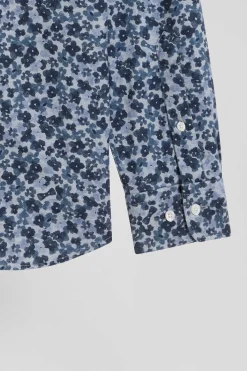 Chemise en popeline de coton grise microimprimé fleurs coupe Slim