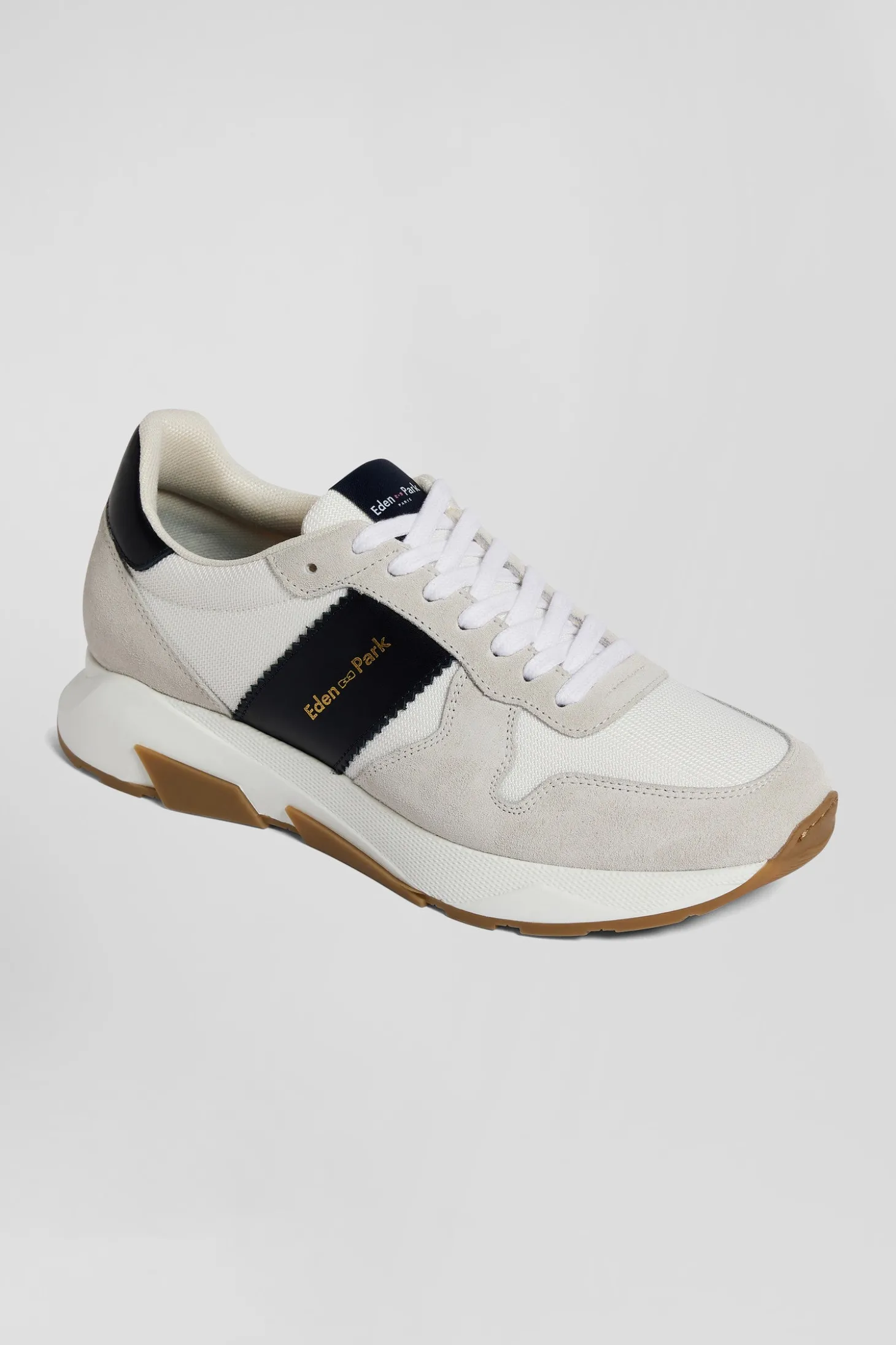 Chunky sole beige and navy blue leather sneakers