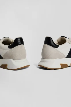 Chunky sole beige and navy blue leather sneakers