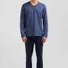Dark blue long cotton pajamas with bow tie micro pattern trousers