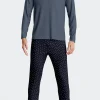 Dark blue long cotton pajamas with micro pattern trousers