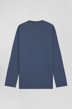 Dark blue long cotton pajamas with bow tie micro pattern trousers