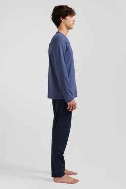 Dark blue long cotton pajamas with bow tie micro pattern trousers