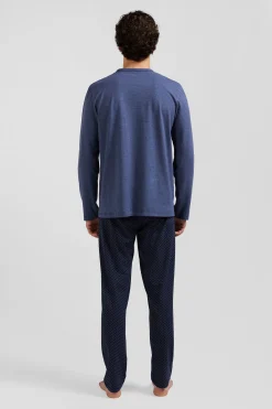 Dark blue long cotton pajamas with bow tie micro pattern trousers