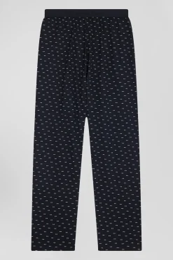 Dark blue long cotton pajamas with bow tie micro pattern trousers