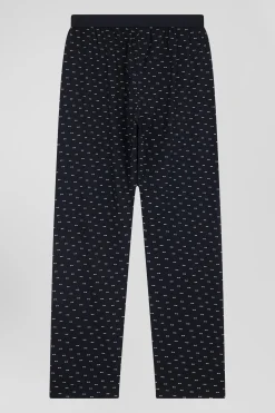 Dark blue long cotton pajamas with bow tie micro pattern trousers