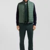 Green quilted sleeveless high collar down vest