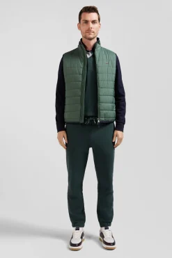 Green quilted sleeveless high collar down vest