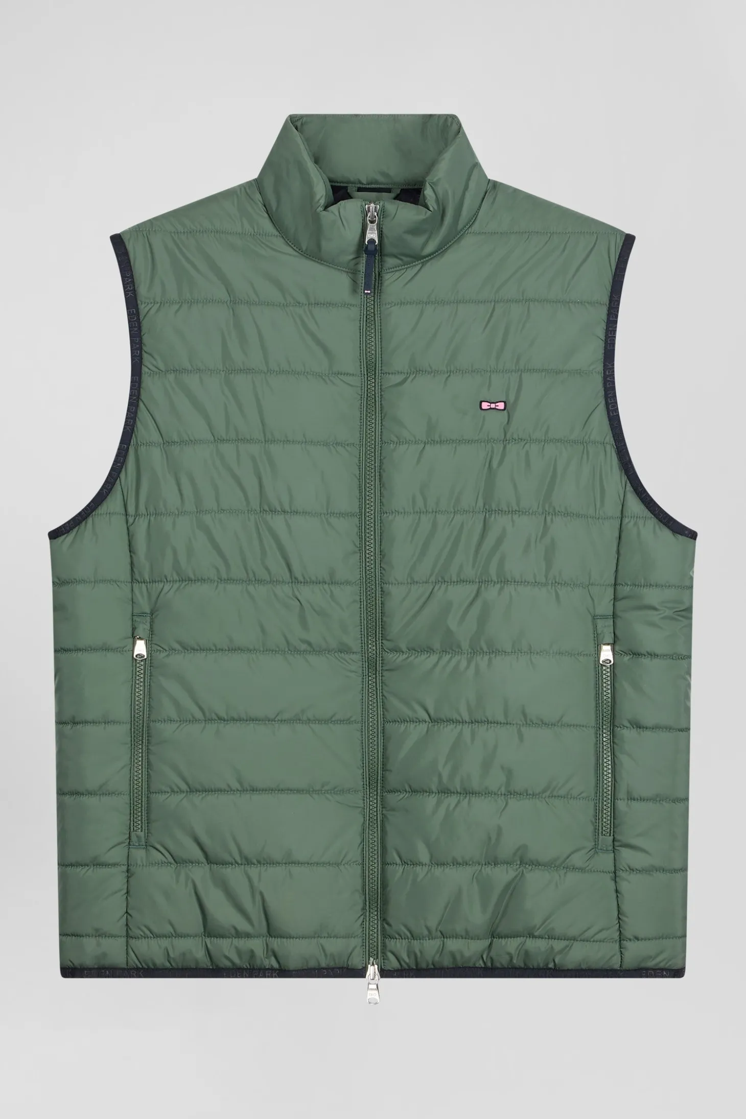 Green quilted sleeveless high collar down vest