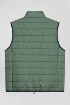 Green quilted sleeveless high collar down vest