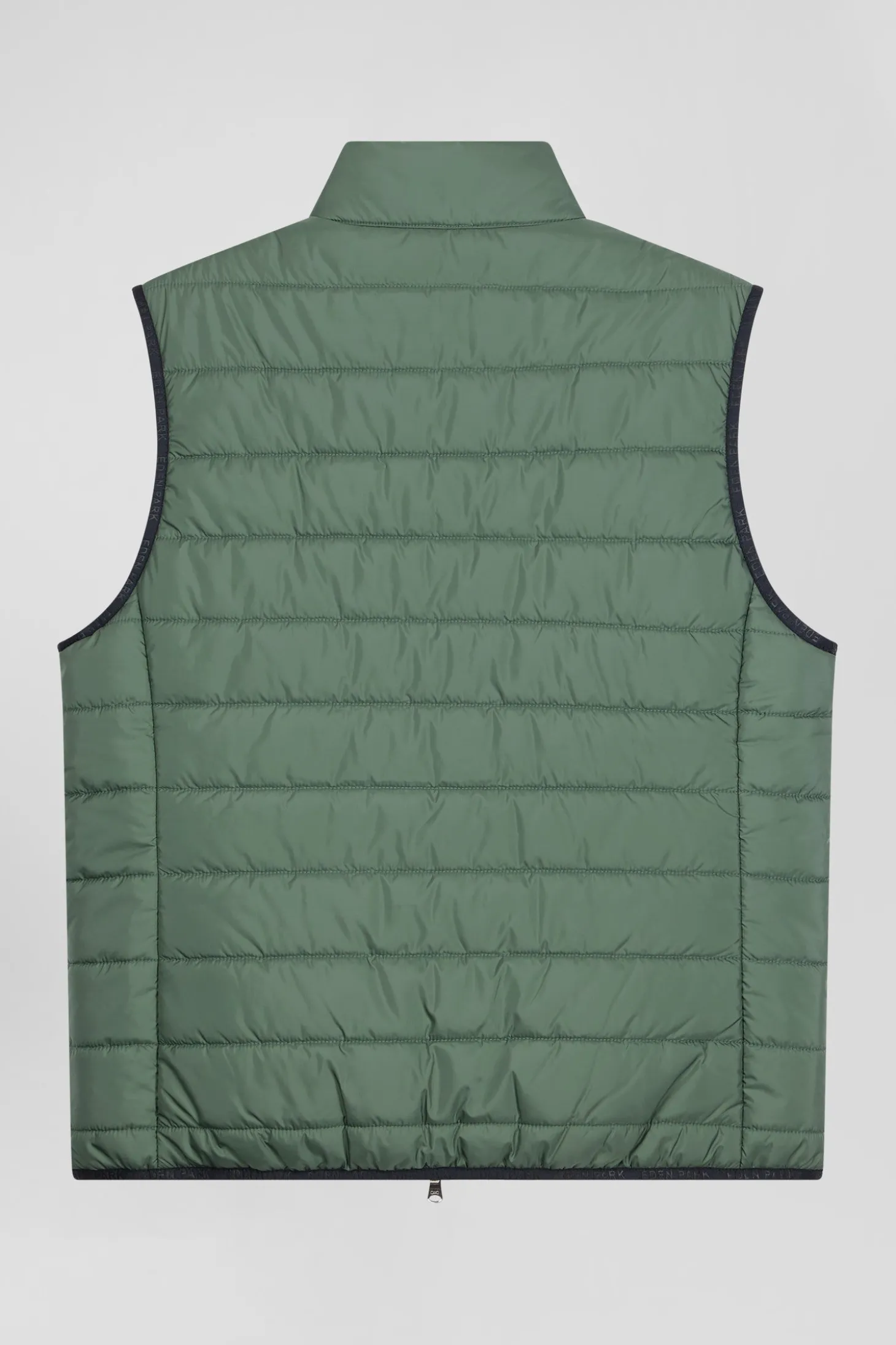 Green quilted sleeveless high collar down vest
