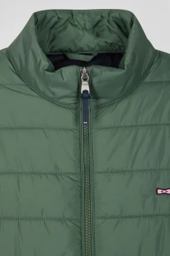 Green quilted sleeveless high collar down vest