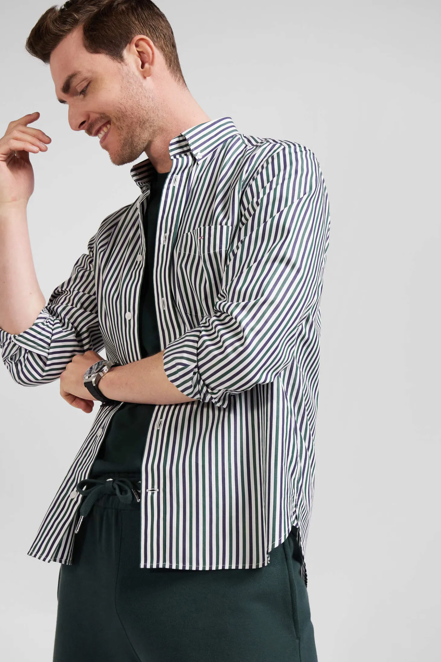 Green striped cotton poplin shirt Regular fit