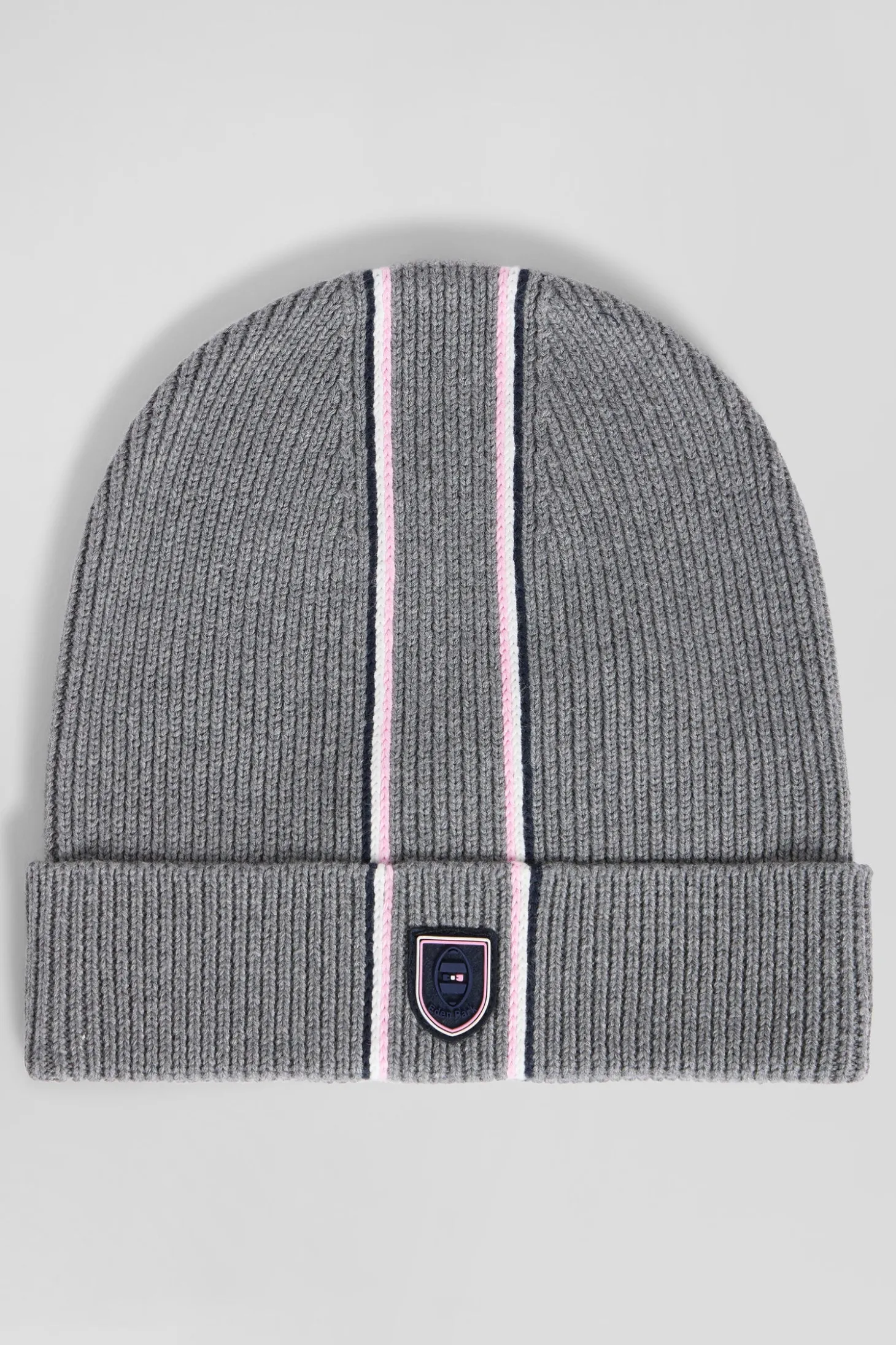 Grey cotton beanie with pink and white stripes