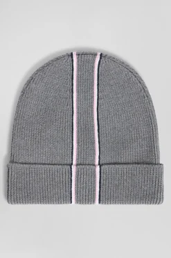 Grey cotton beanie with pink and white stripes