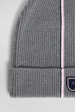 Grey cotton beanie with pink and white stripes
