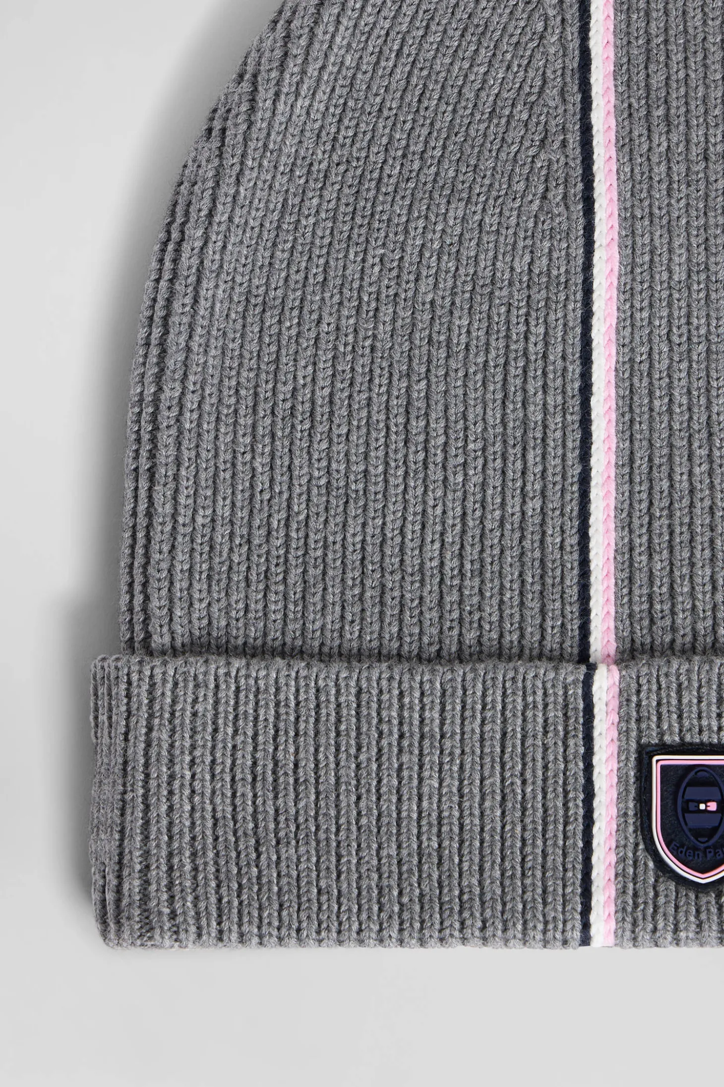 Grey cotton beanie with pink and white stripes
