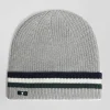 Grey cotton beanie with striped turn-up