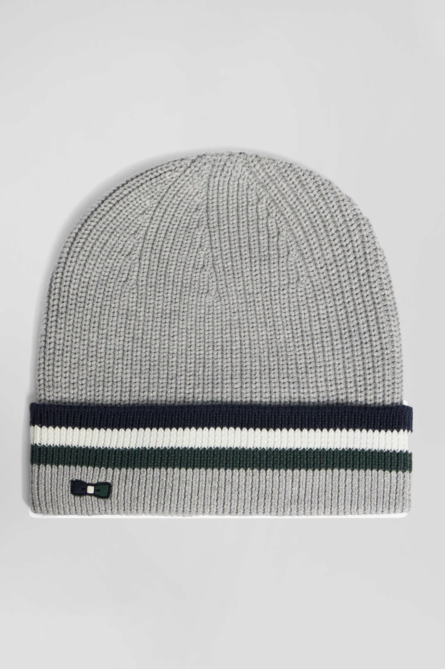 Grey cotton beanie with striped turn-up