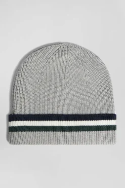 Grey cotton beanie with striped turn-up