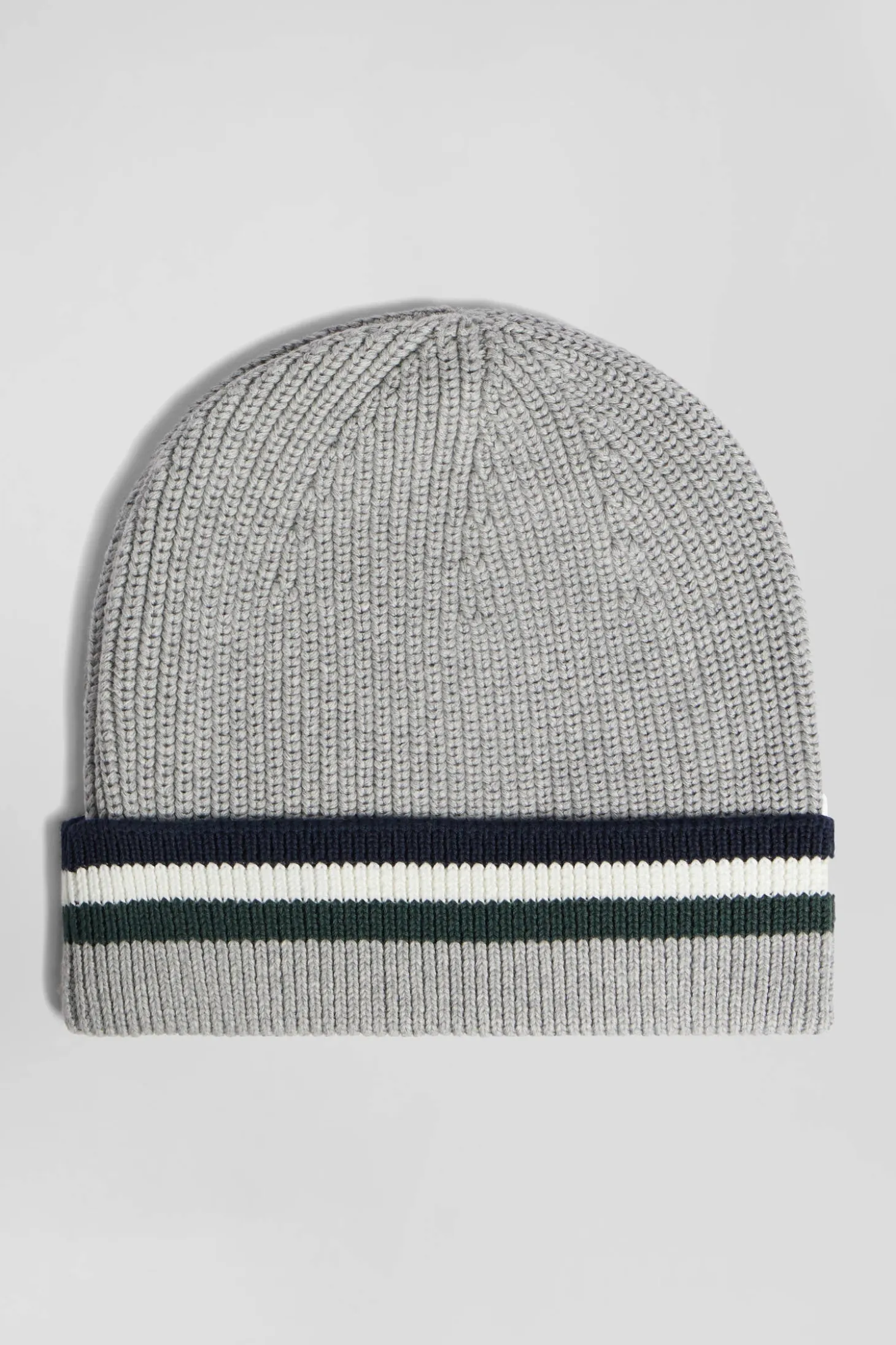 Grey cotton beanie with striped turn-up