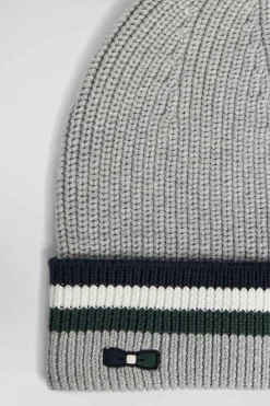 Grey cotton beanie with striped turn-up