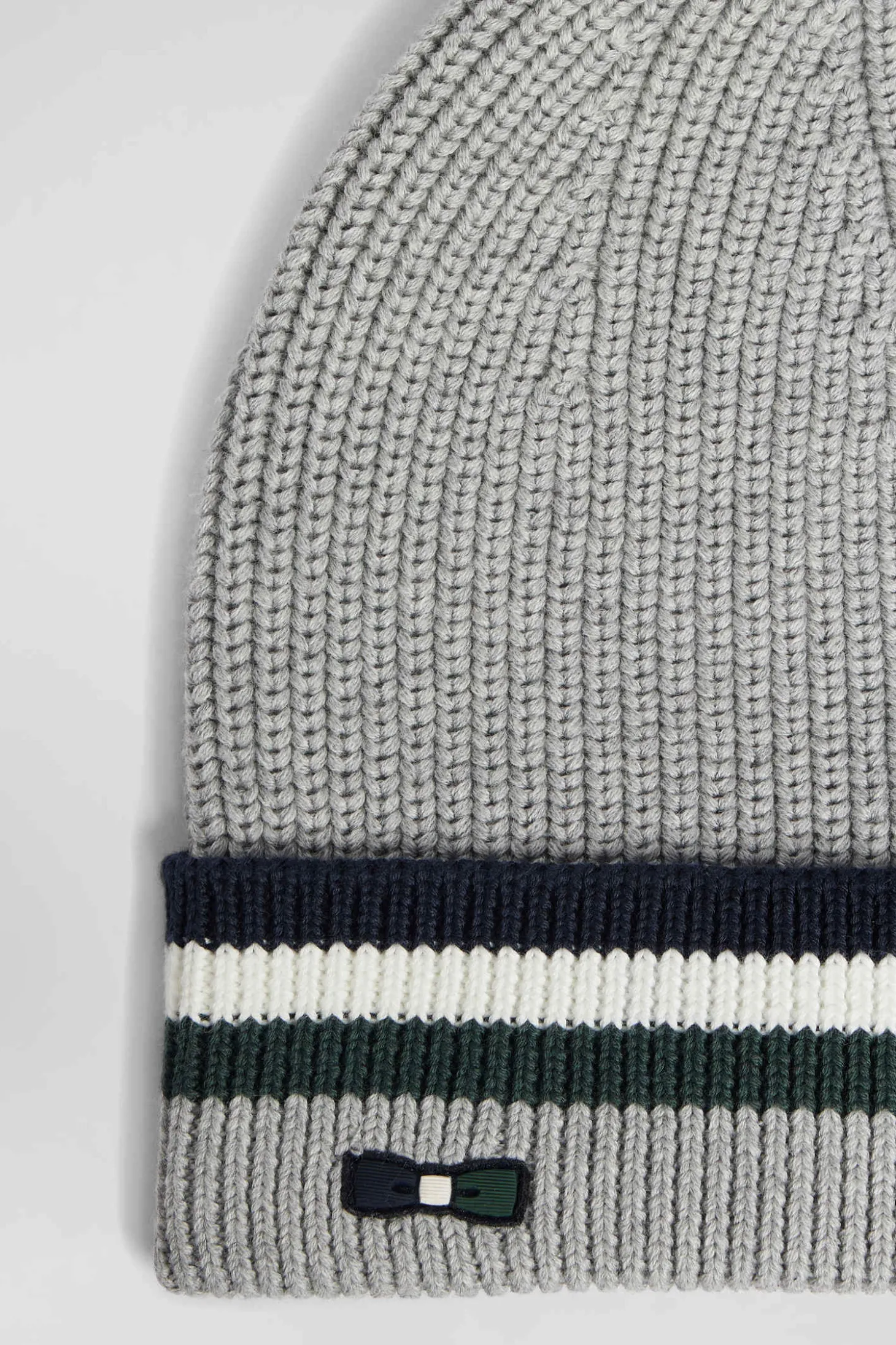 Grey cotton beanie with striped turn-up