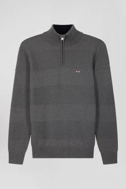 Grey cotton half-zip jumper with knit details Regular fit